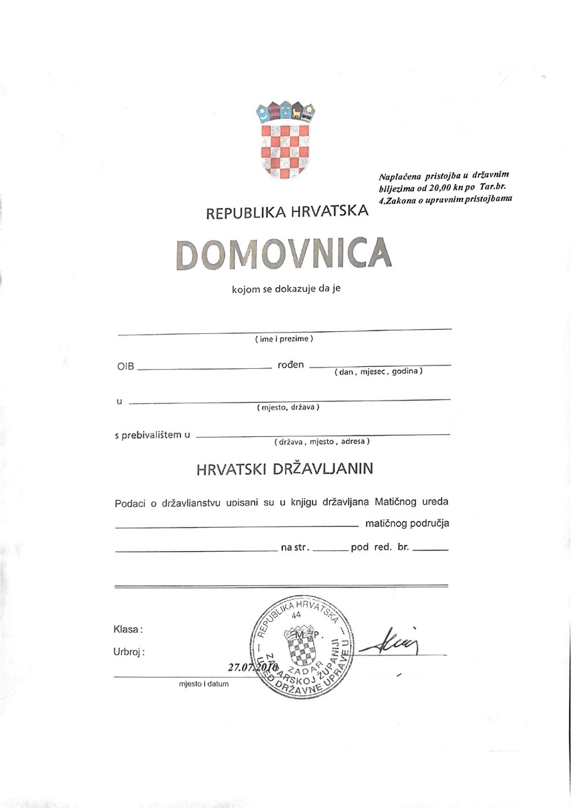 Domovnica - Croatian citizenship certificate